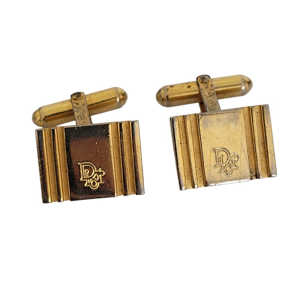 Christian Dior Vintage Gold Tone Ribbed Logo Cufflinks Rectangular Designer